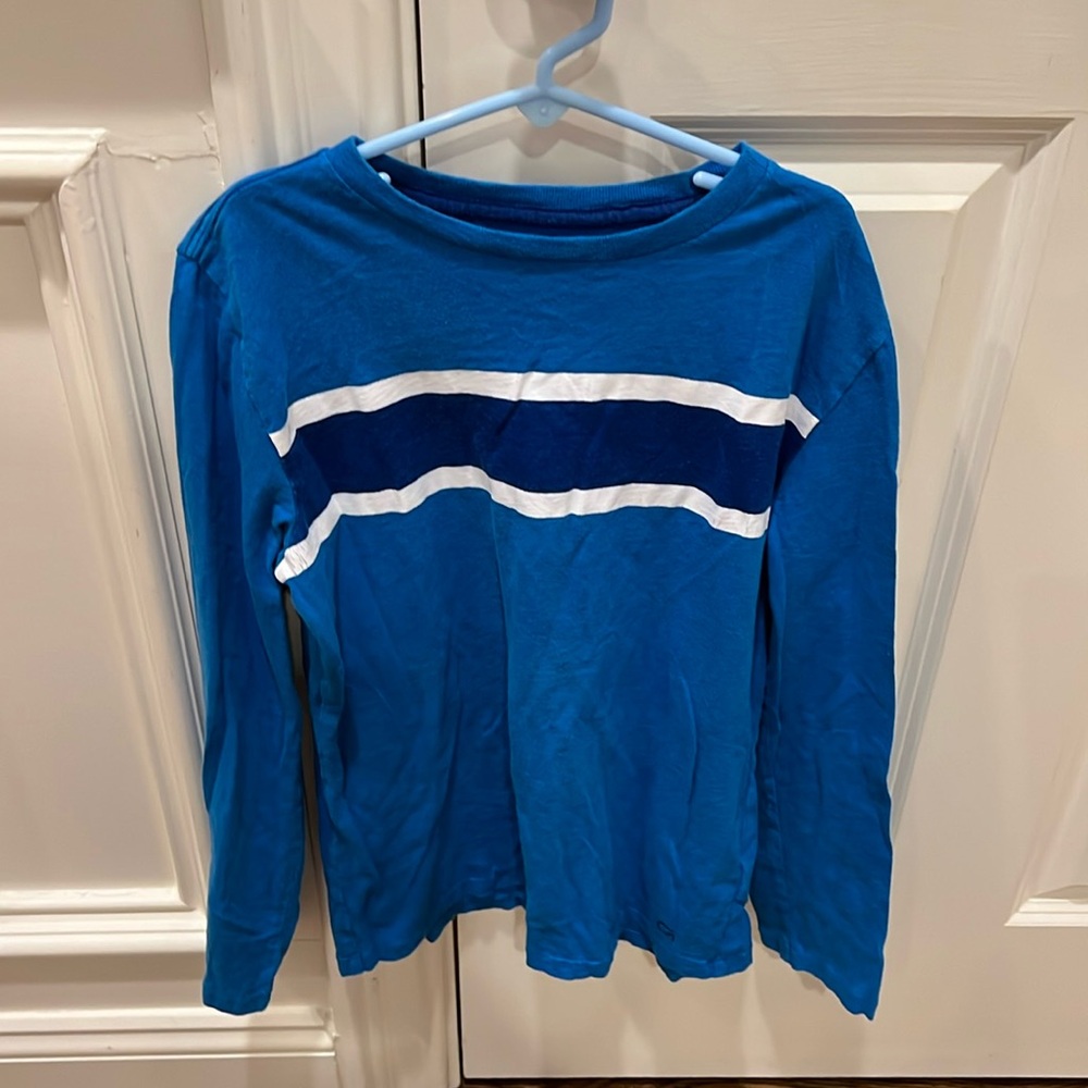 Super cute preppy, gap fit size L blue, and white striped long sleeve t shirt